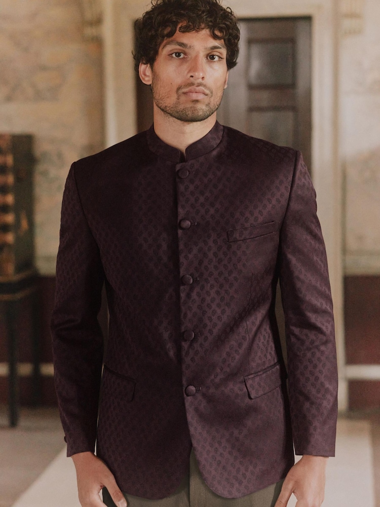 Burgundy Red Slim Nehru Collar Suit Jacket - Image 1 of 9