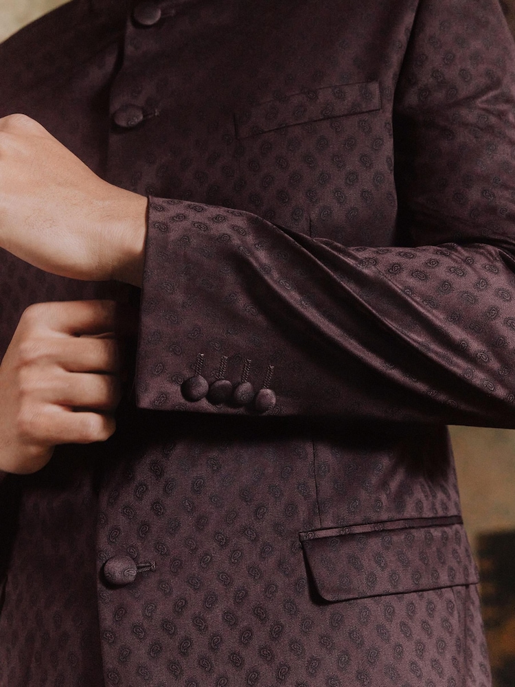 Burgundy Red Slim Nehru Collar Suit Jacket - Image 4 of 9