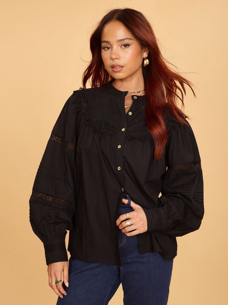 Another Sunday Long Sleeved 100% Cotton Blouse With Lace Detail - Image 1 of 2