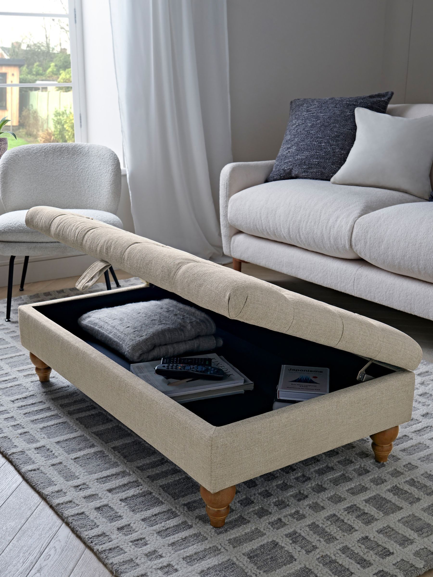 Buy Buttoned Tweedy Plain Light Natural Albury Large Footstool from the Next UK online shop