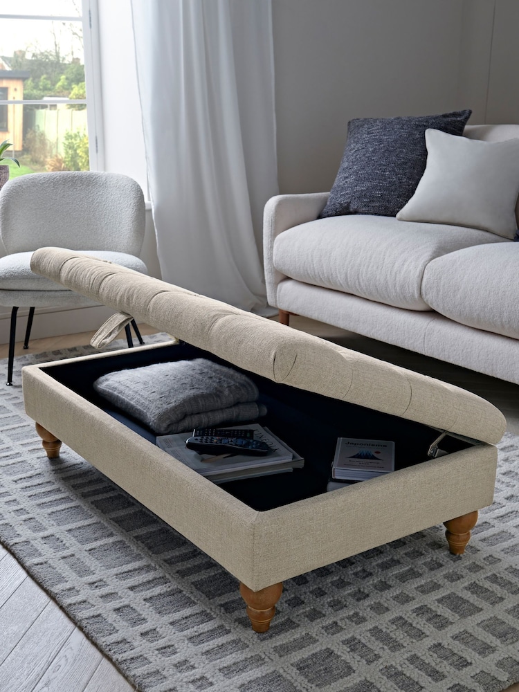 Buttoned Tweedy Plain Light Natural Albury Large Footstool - Image 2 of 9