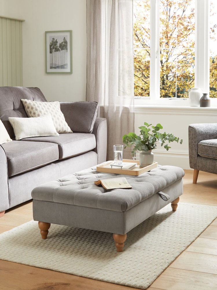 Buttoned Fine Chenille Mid Grey Albury Large Footstool - Image 1 of 7