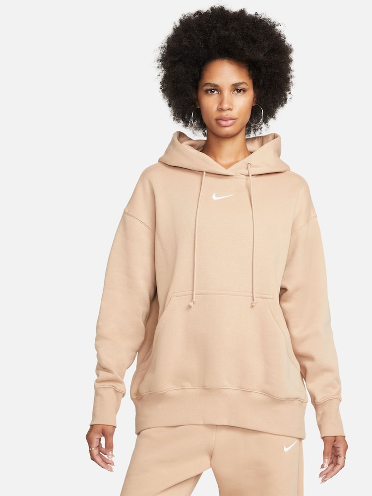Nike Beige Oversized Sportswear Phoenix Fleece Mini Swoosh Pullover Hoodie - Image 3 of 9
