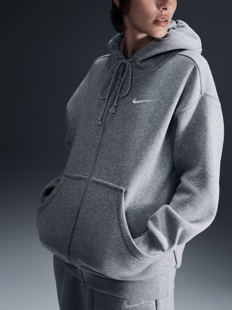 Nike Dark Grey Heather Oversized Mini Phoenix Fleece Swoosh Full Zip Hoodie - Image 3 of 10