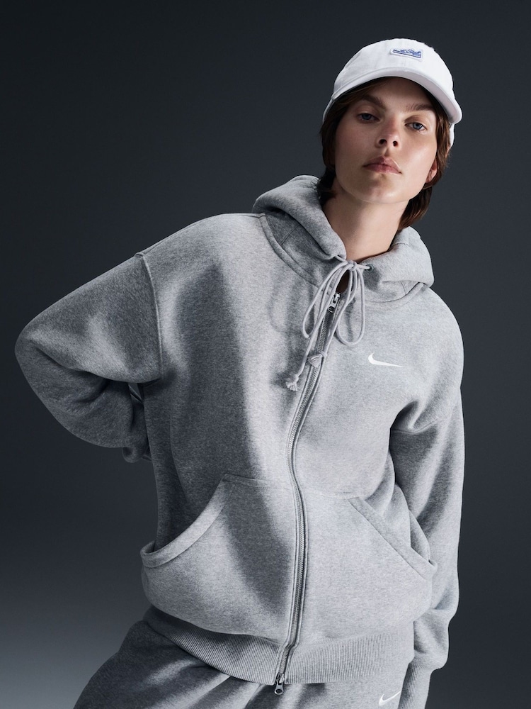 Nike Dark Grey Heather Oversized Mini Phoenix Fleece Swoosh Full Zip Hoodie - Image 4 of 10