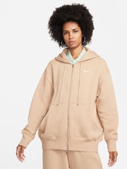 Nike Beige Oversized Phoenix Fleece Mini Swoosh Full Zip Hoodie - Image 1 of 8