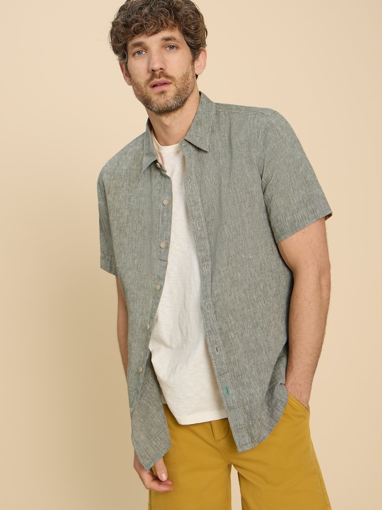 White Stuff Green Pembroke Short Sleeve 100% Linen Shirt - Image 1 of 6