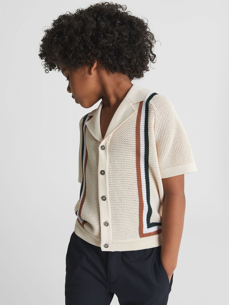 Reiss Stone Smithy Junior Cuban Collar Striped Textured Shirt - Image 1 of 5