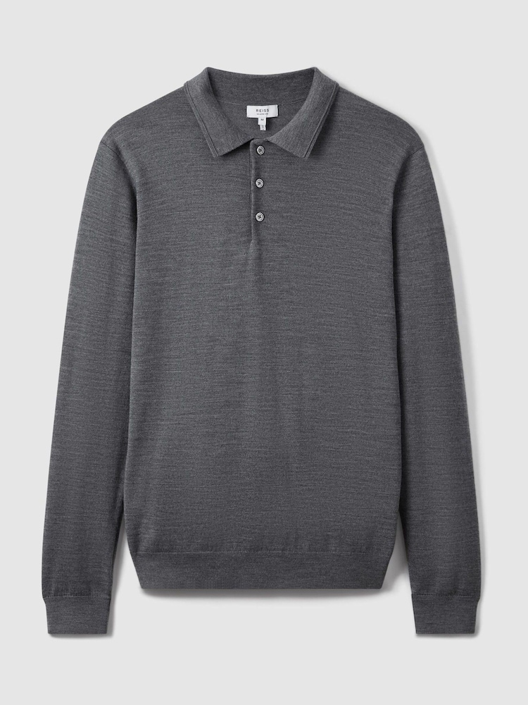 Reiss Mid Grey Melange Trafford Merino Wool Polo Shirt - Image 2 of 7