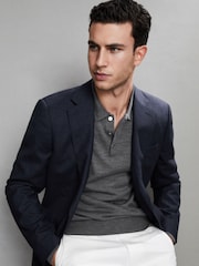 Reiss Mid Grey Melange Trafford Merino Wool Polo Shirt - Image 7 of 7