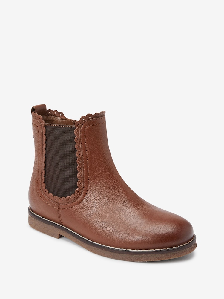 Tan Brown Leather Scallop Premium Chelsea Boots - Image 2 of 4
