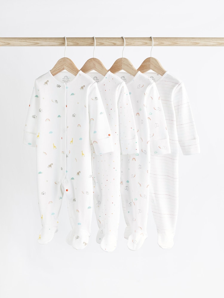 White Bright Animal 4 Pack Baby Printed Long Sleeve Sleepsuits (0-2yrs) - Image 1 of 13