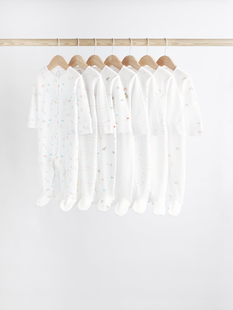 White Bright Animal 7 Pack Baby Printed Long Sleeve Sleepsuits (0-2yrs) - Image 1 of 8