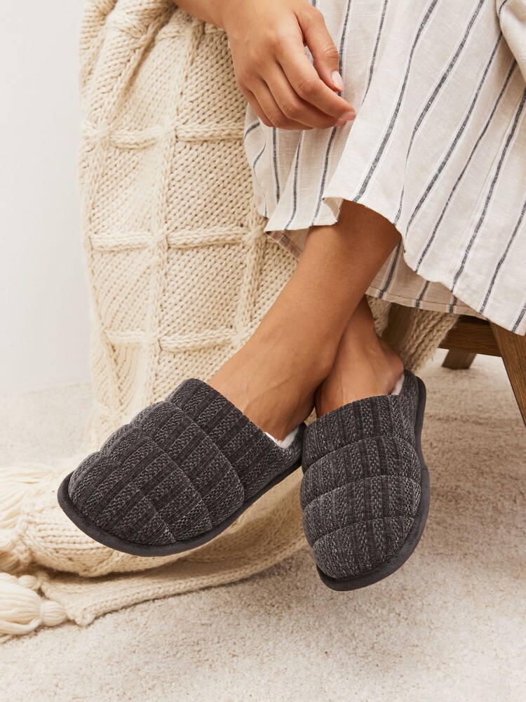Charcoal Grey Quilted Mule Slippers - Image 1 of 8