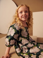 Black/Pink Rose Jacquard Dress (3-16yrs) - Image 4 of 6