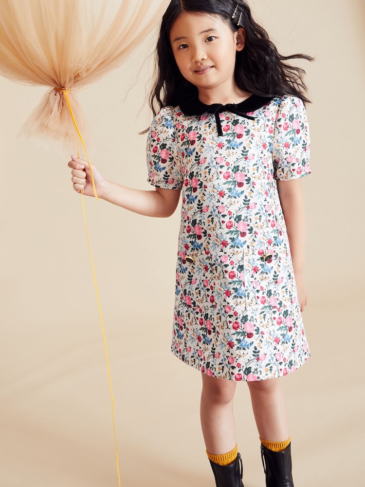 Pink Ditsy Jacquard Collar Dress (3mths-16yrs) - Image 1 of 7 Pink Ditsy Jacquard Collar Dress (3mths-16yrs) - Image 1 of 7