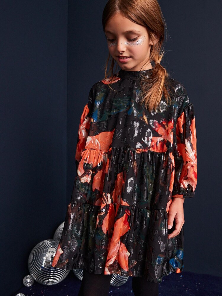Black/Red Floral Metallic Jacquard Dress (3-16yrs) - Image 1 of 6