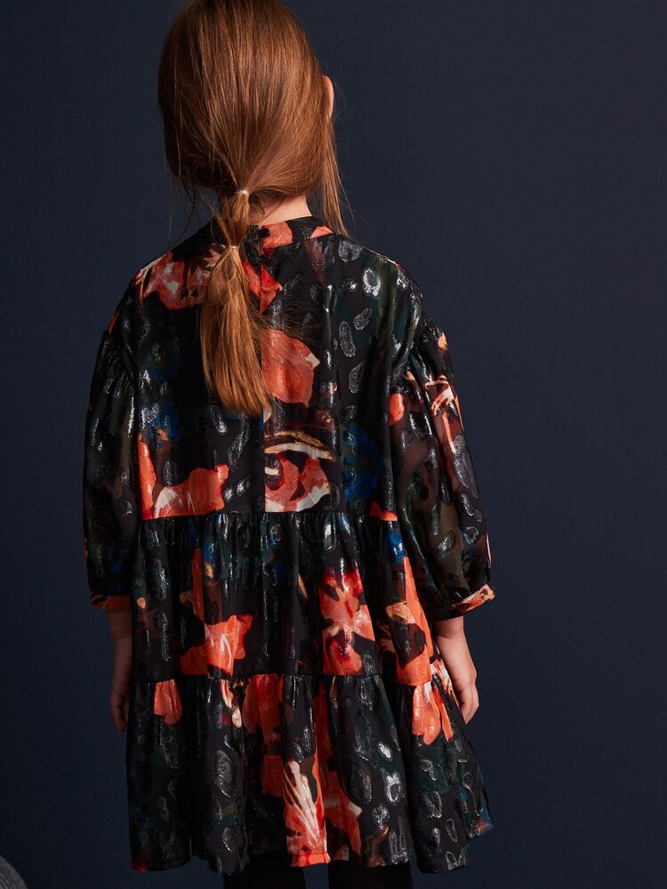 Black/Red Floral Metallic Jacquard Dress (3-16yrs) - Image 2 of 6