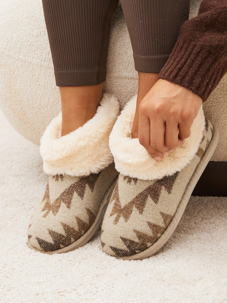 Brown/Cream Tribal Print Shoot Slippers - Image 1 of 9 Brown/Cream Tribal Print Shoot Slippers - Image 1 of 9
