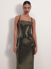 Gold Sequin Midi Dress - Image 2 of 6