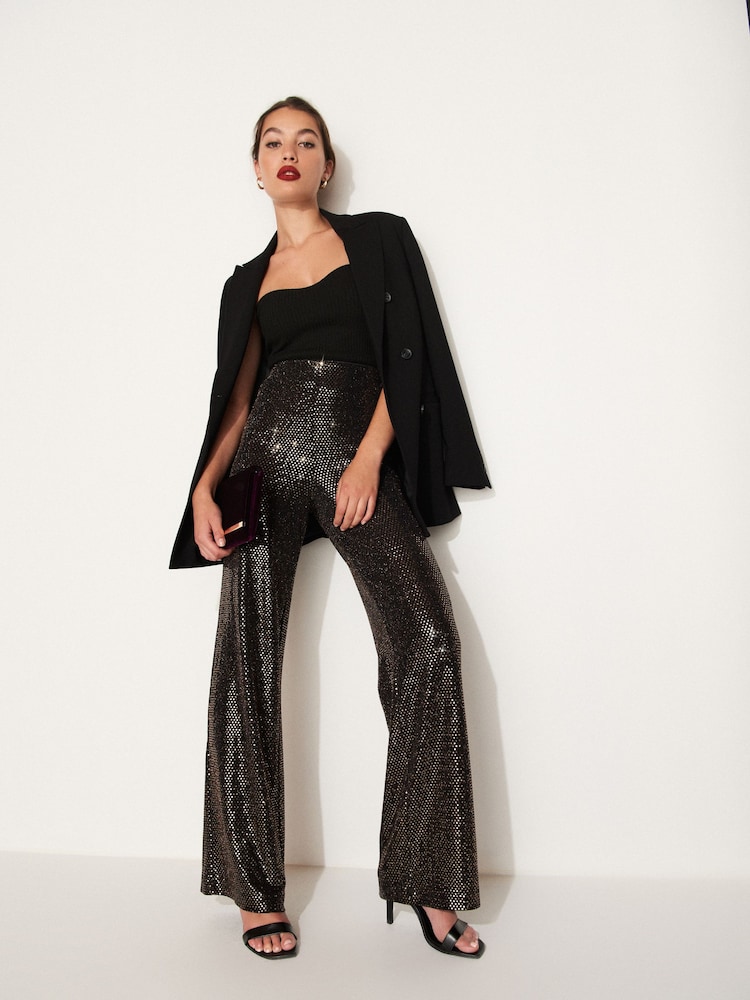 Gold Sequin Wide Leg Trousers - Image 1 of 6 Gold Sequin Wide Leg Trousers - Image 1 of 6