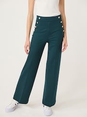 Teal Blue Ponte Button Wide Leg Trousers - Image 3 of 7