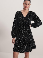 Black Long Sleeve Mini V-Neck Dress - Image 1 of 6