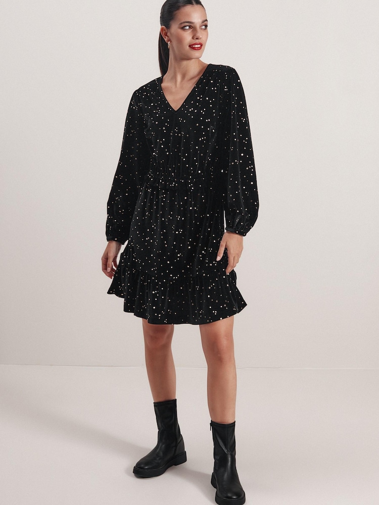 Black Long Sleeve Mini V-Neck Dress - Image 2 of 6