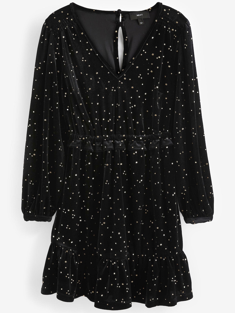 Black Long Sleeve Mini V-Neck Dress - Image 5 of 6