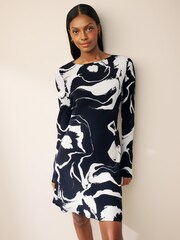 Navy Abstract Long Sleeve Column Mini Dress - Image 1 of 8