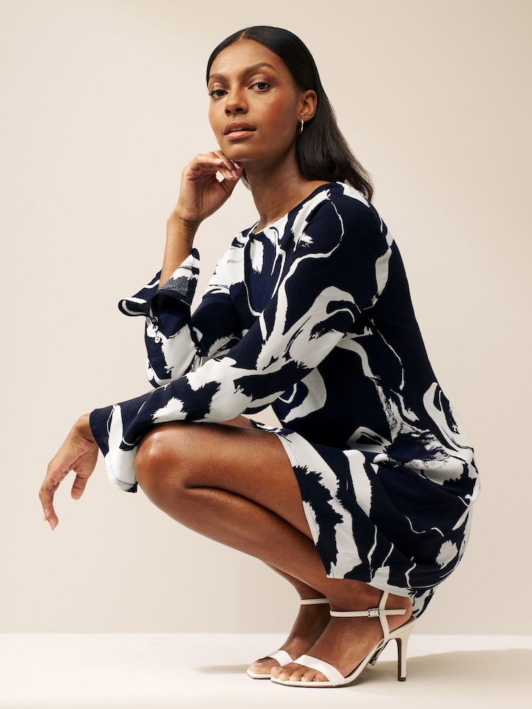 Navy Abstract Long Sleeve Column Mini Dress - Image 2 of 8