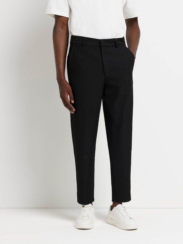River Island Black Double Pleat Plissé 100% Cotton Trousers - Image 1 of 5