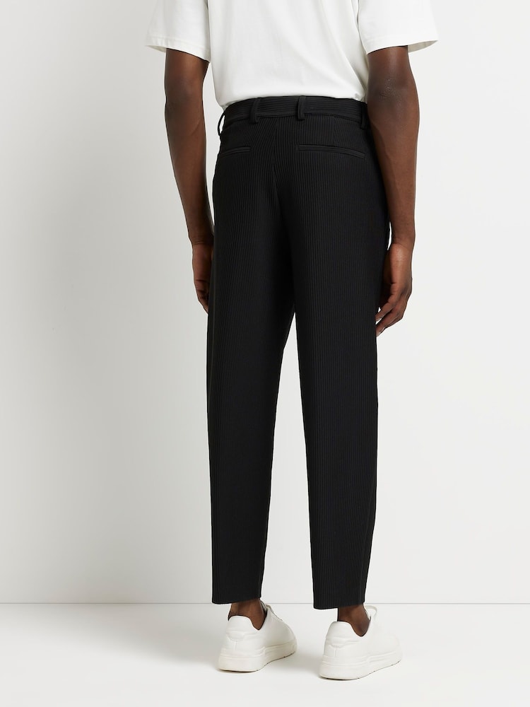 River Island Black Double Pleat Plissé 100% Cotton Trousers - Image 2 of 5