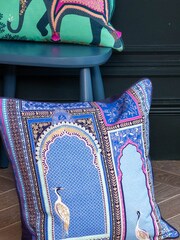 Sara Miller Blue 100% Cotton Lattice Windows Cushion - Image 1 of 4