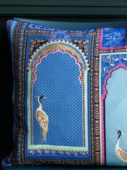 Sara Miller Blue 100% Cotton Lattice Windows Cushion - Image 2 of 4
