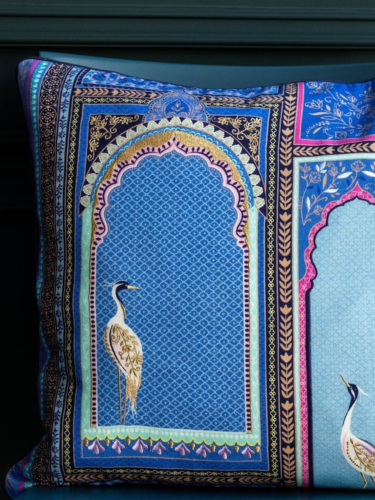 Sara Miller Blue 100% Cotton Lattice Windows Cushion - Image 2 of 4