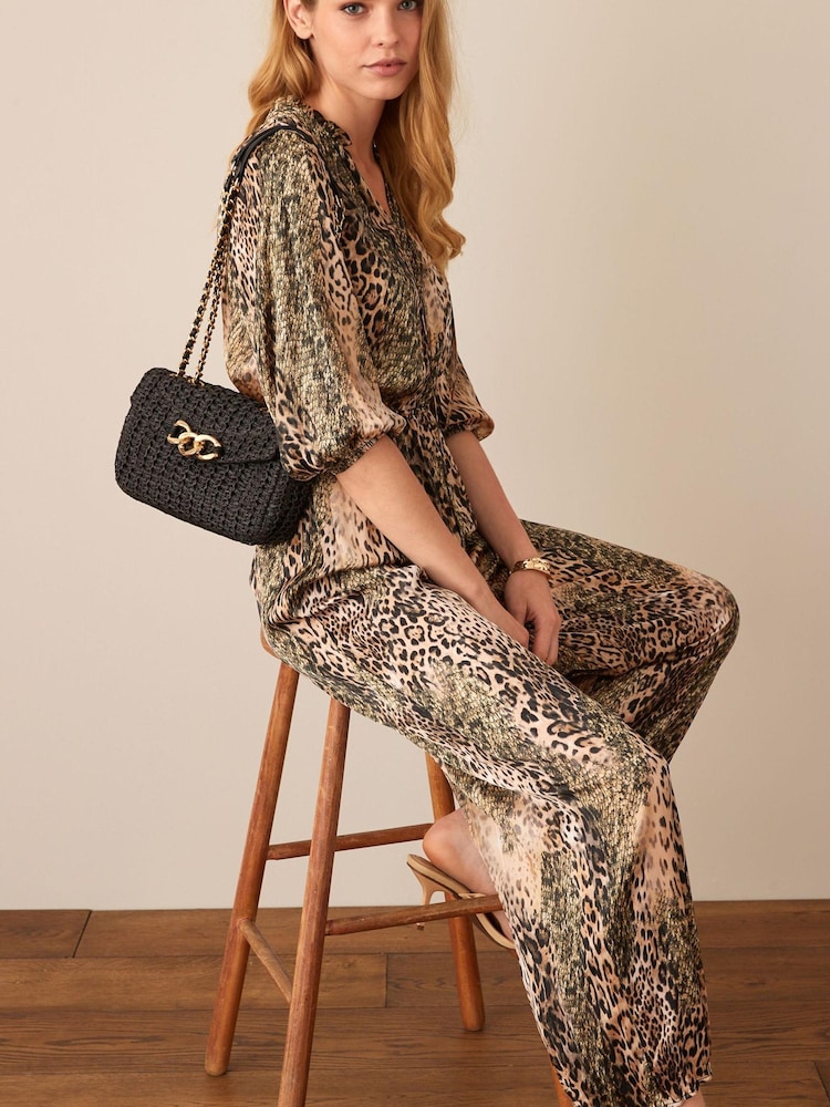 Animal Satin Tie Neck Jumpsuit - Image 1 of 2 Animal Satin Tie Neck Jumpsuit - Image 1 of 2