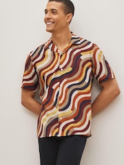 Brown Short Sleeve Printed Shirt With Cuban Collar - Image 1 of 7