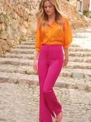 Bright Pink Smart Front Split Flare Trousers - Image 1 of 3