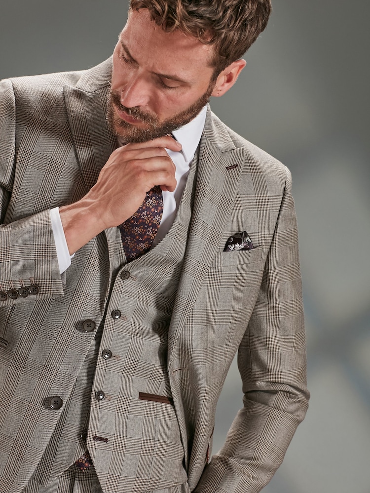 Taupe Slim Fit Signature Empire Mills 100% Wool Check Suit Jacket - Image 1 of 13