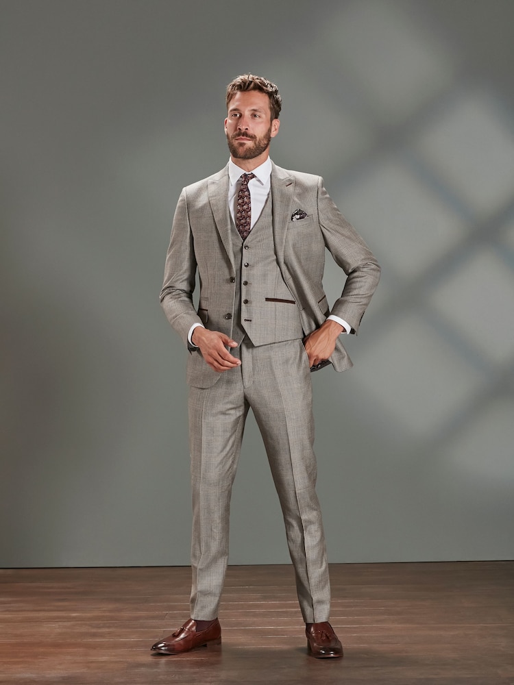Taupe Slim Fit Signature Empire Mills 100% Wool Check Suit Jacket - Image 2 of 13