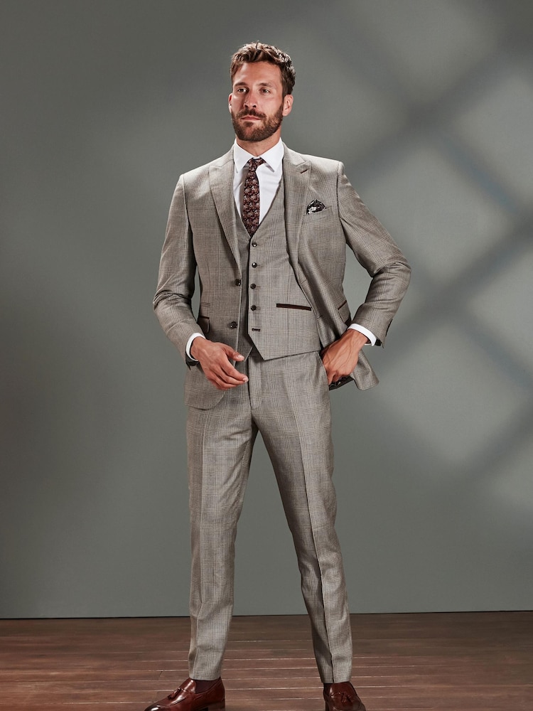 Taupe Brown Slim Fit Signature Empire Mills 100% Wool Check Suit: Trousers - Image 2 of 9
