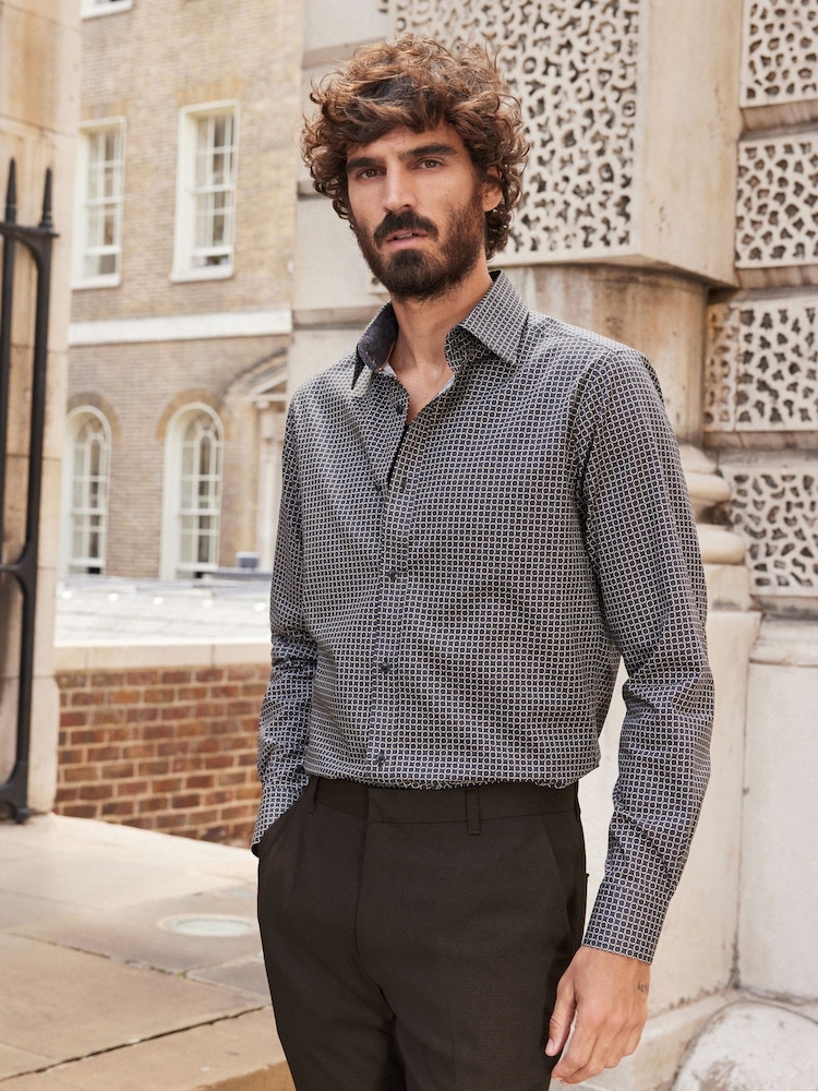 Black Geometric Link Slim Fit Printed Trimmed Shirt - Image 1 of 6