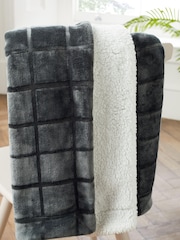 Charcoal Grey Cosy Sherpa Fleece Grid Throw - Image 4 of 6
