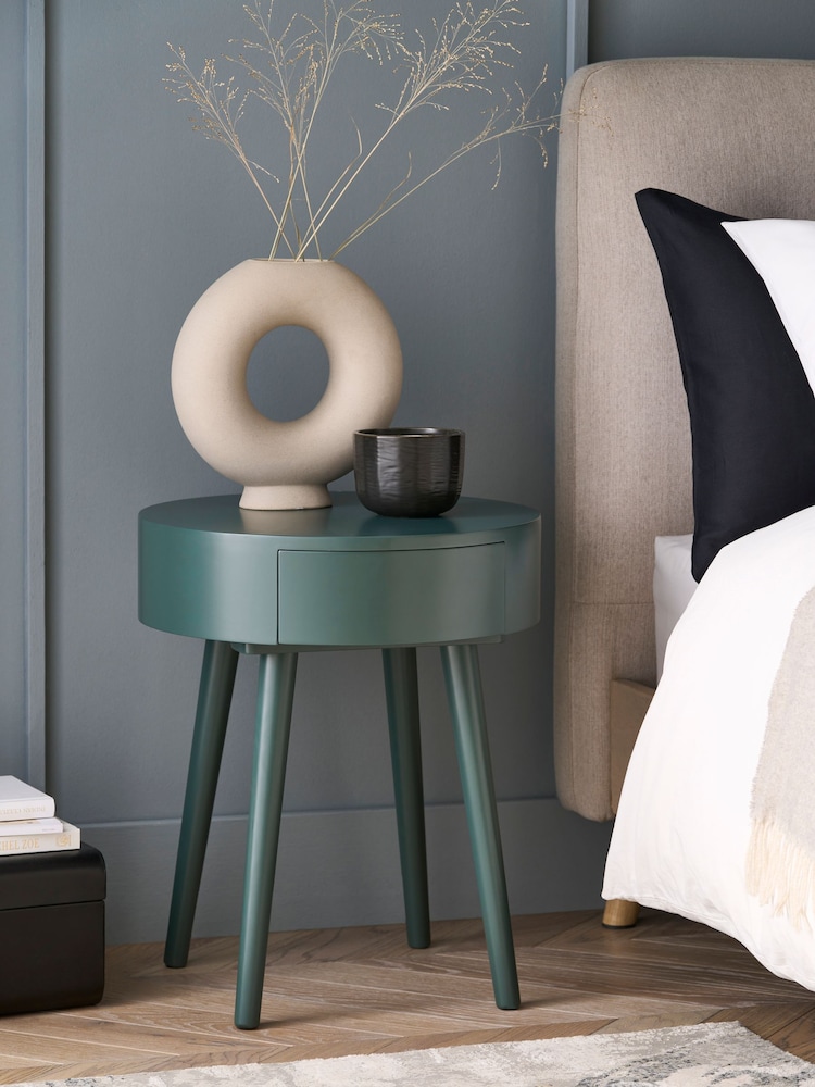 Forest Green Painted 1 Drawer Round Bedside Table - Image 1 of 9