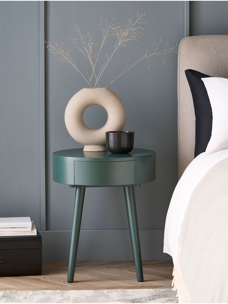 Forest Green Painted 1 Drawer Round Bedside Table - Image 2 of 9