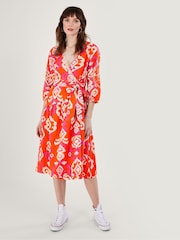 Monsoon Orange Aspen Wrap Dress in Linen Blend - Image 1 of 5