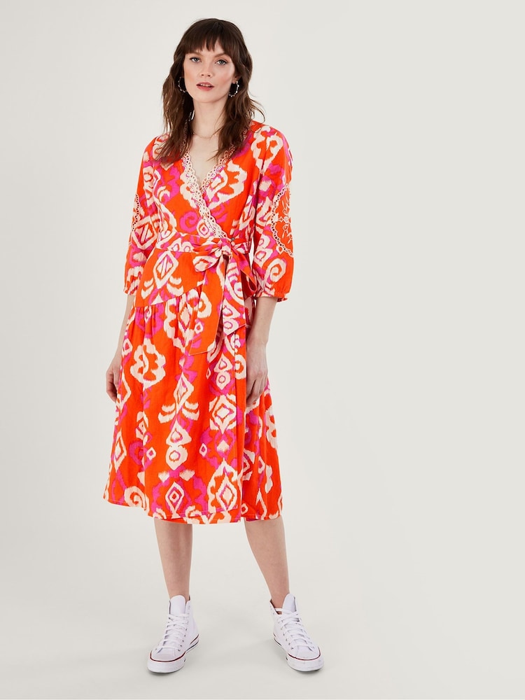 Monsoon Orange Aspen Wrap Dress in Linen Blend - Image 1 of 5