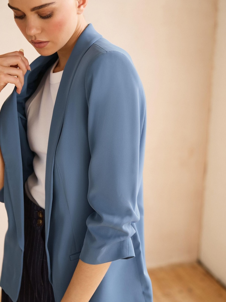 Blue Relaxed Ruched Sleeve Blazer - Image 4 of 6