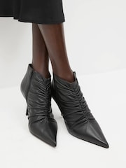 Black Signature Leather Point Toe Ruched Ankle Boots - Image 2 of 7